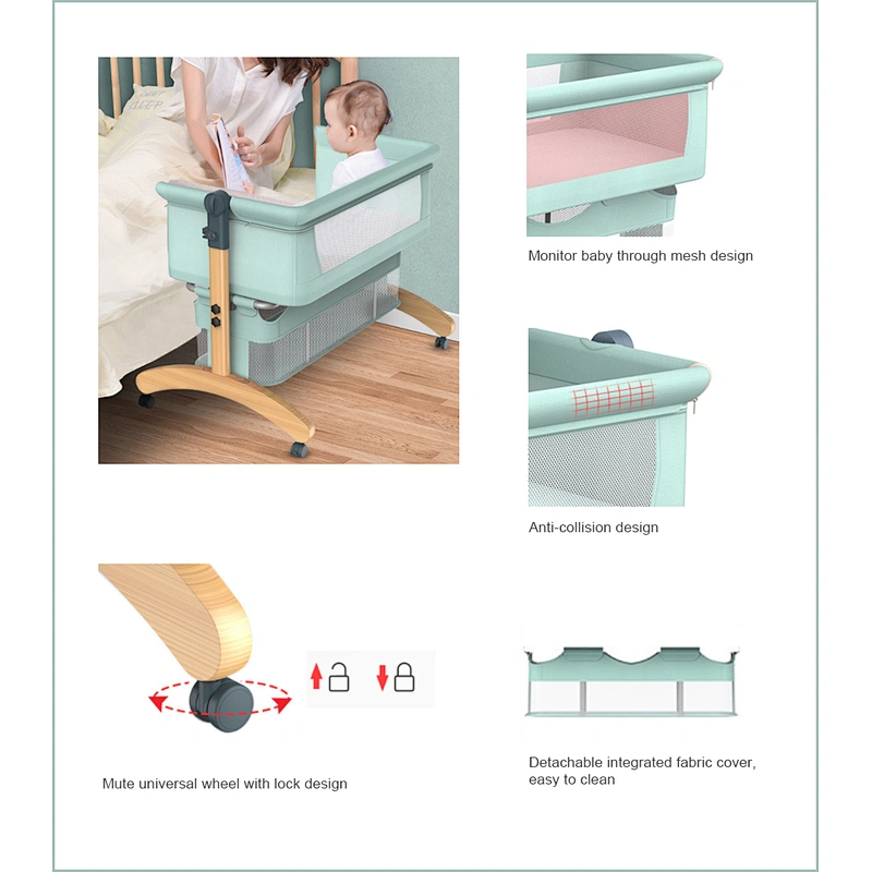 Adjustable Height Portable Wooden leg Newborn Baby Bassinet bedside Co sleeper With Storage Basket Mosquito Net For Infant
