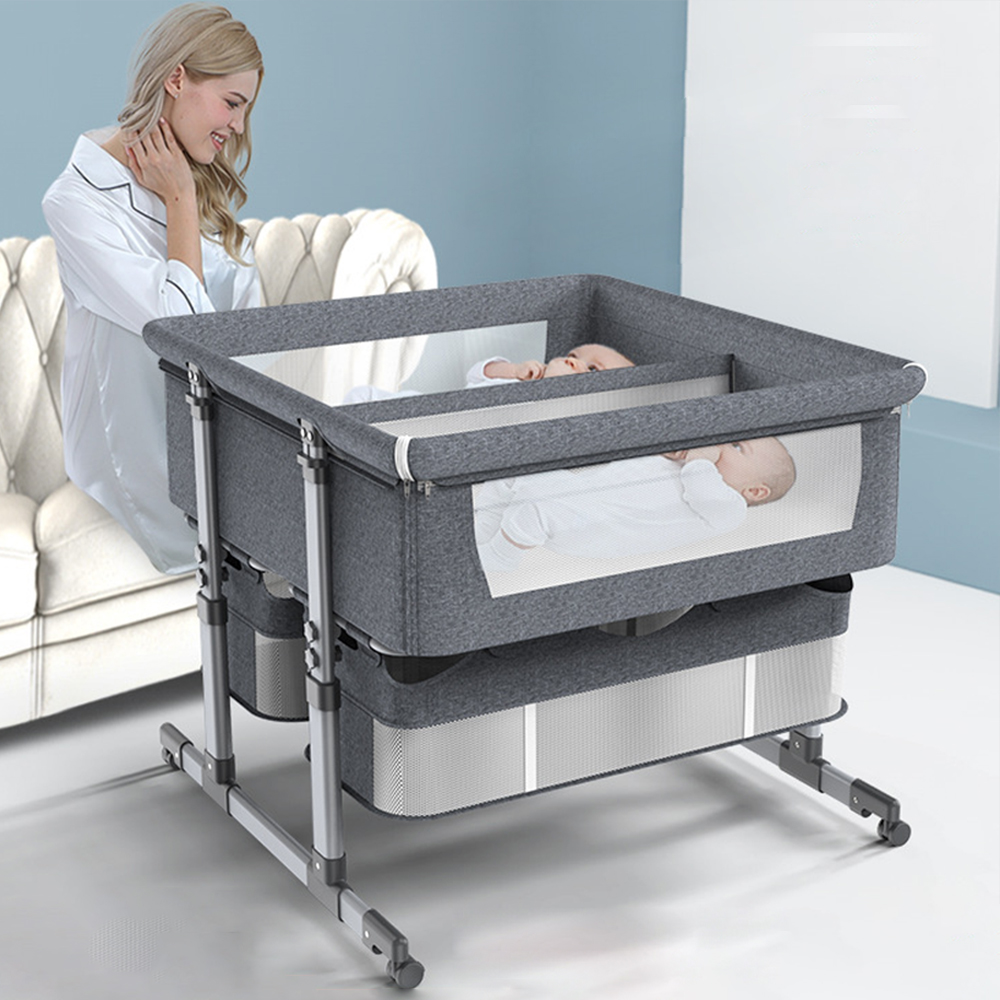 Multi-function Foldable Adjustable Height Double Infant Co Sleeper Baby Bedside Crib For Twins With Wheels Storage Basket