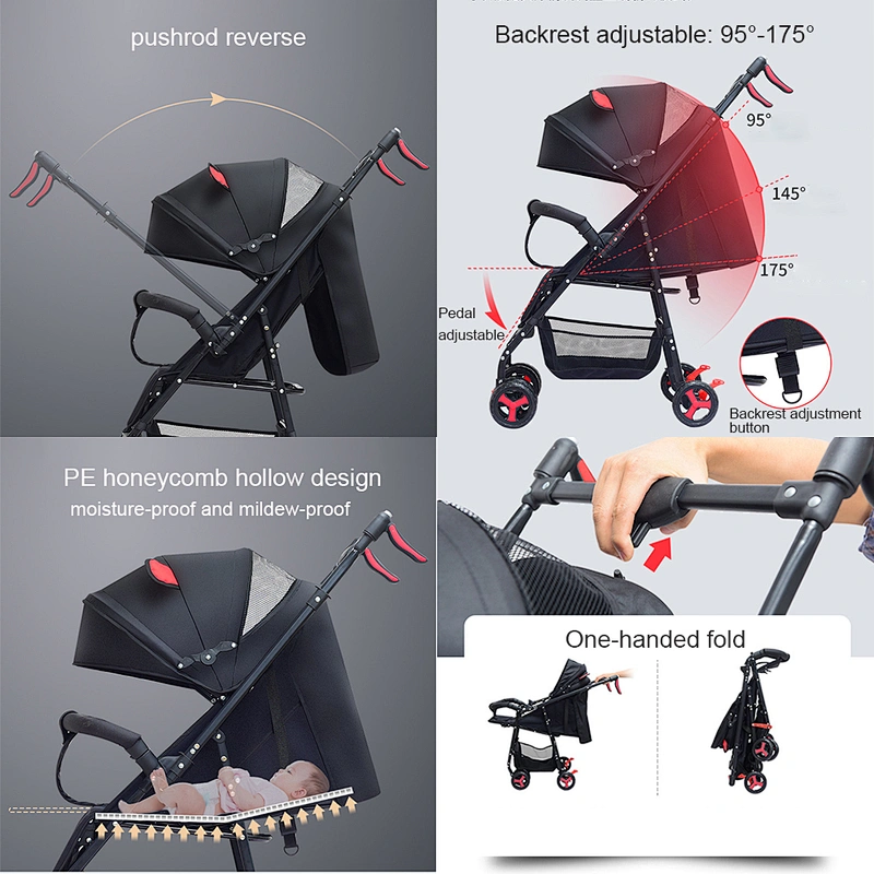 2023 Foldable Compact Convertible Multi-position Recline lightweight Travel Baby Pram Stroller With Large Storage Basket Canopy