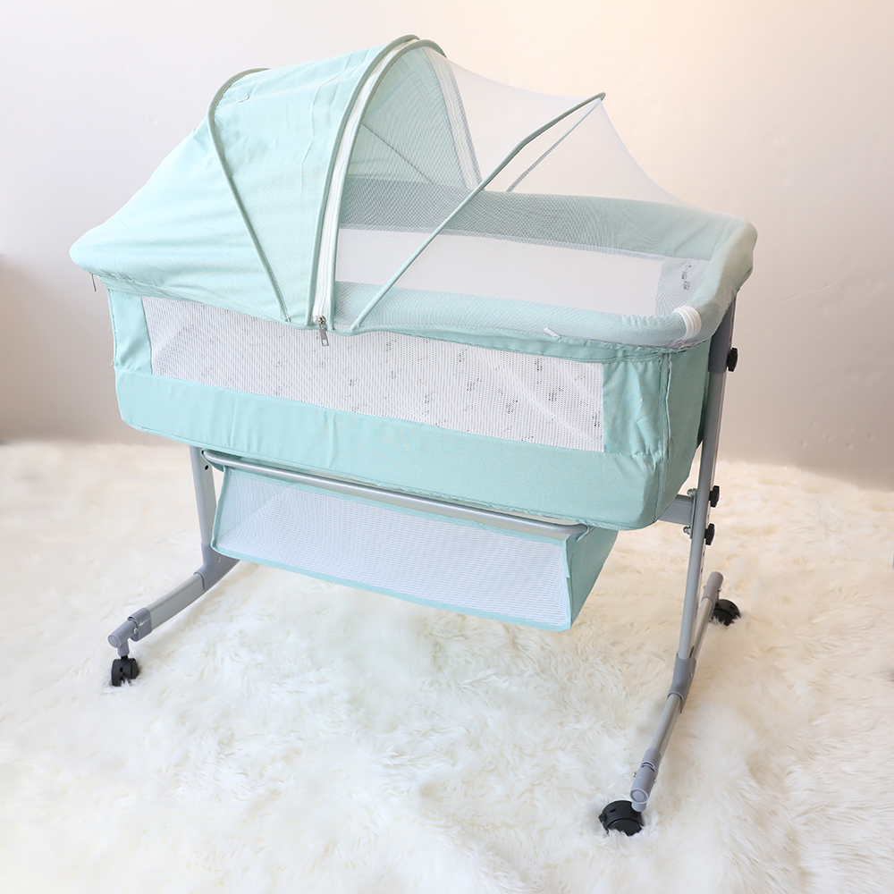 Portable Multifunction Adjustable Height Wheels Rocking Metal Co-Sleeper Bedside Baby Crib Bed With Storage Mosquito Net Canopy