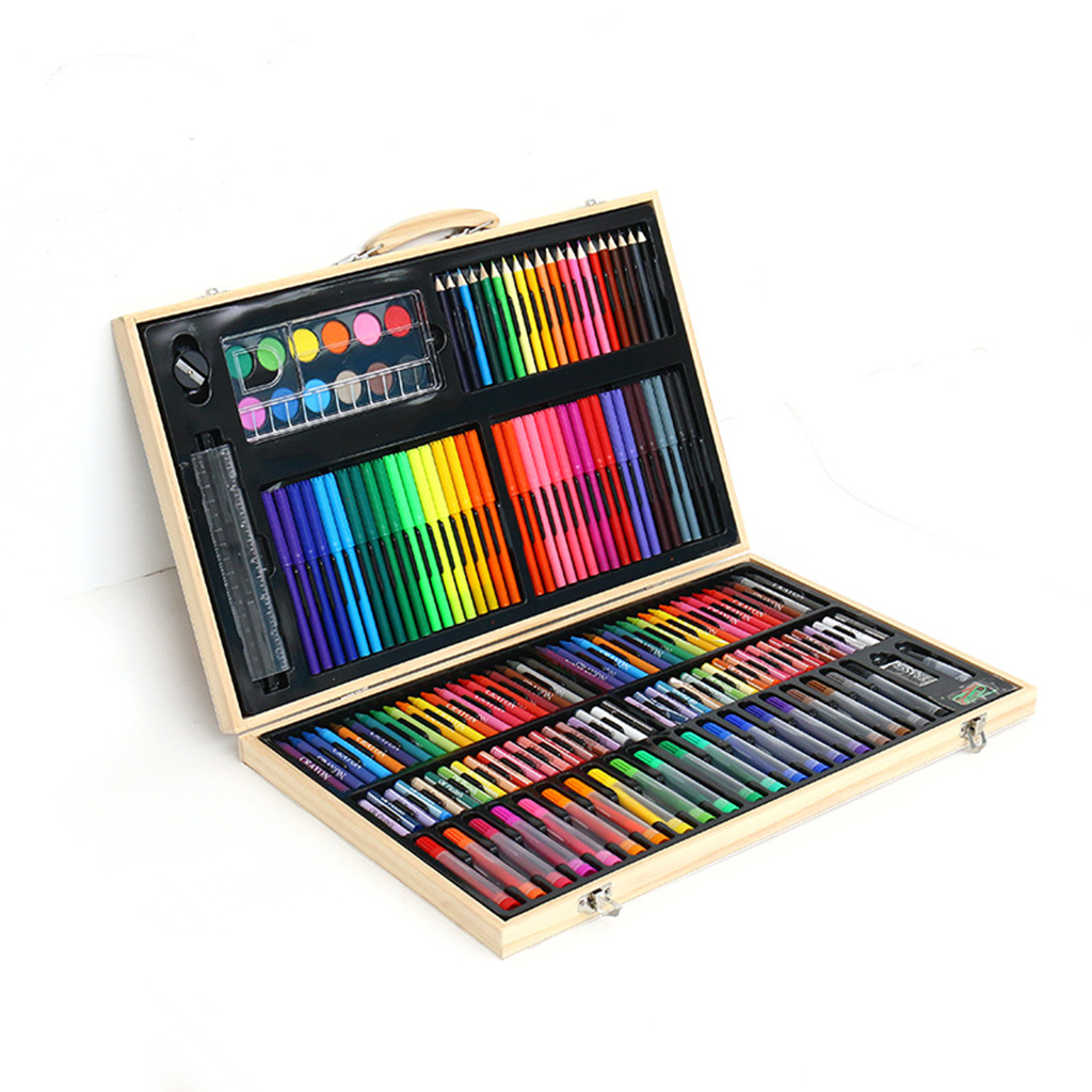Wooden Case Packing Box Children Painting Kits 180pcs Drawing Art Set With Water Color Pen Crayon Oil Pastel Pencils For Kids