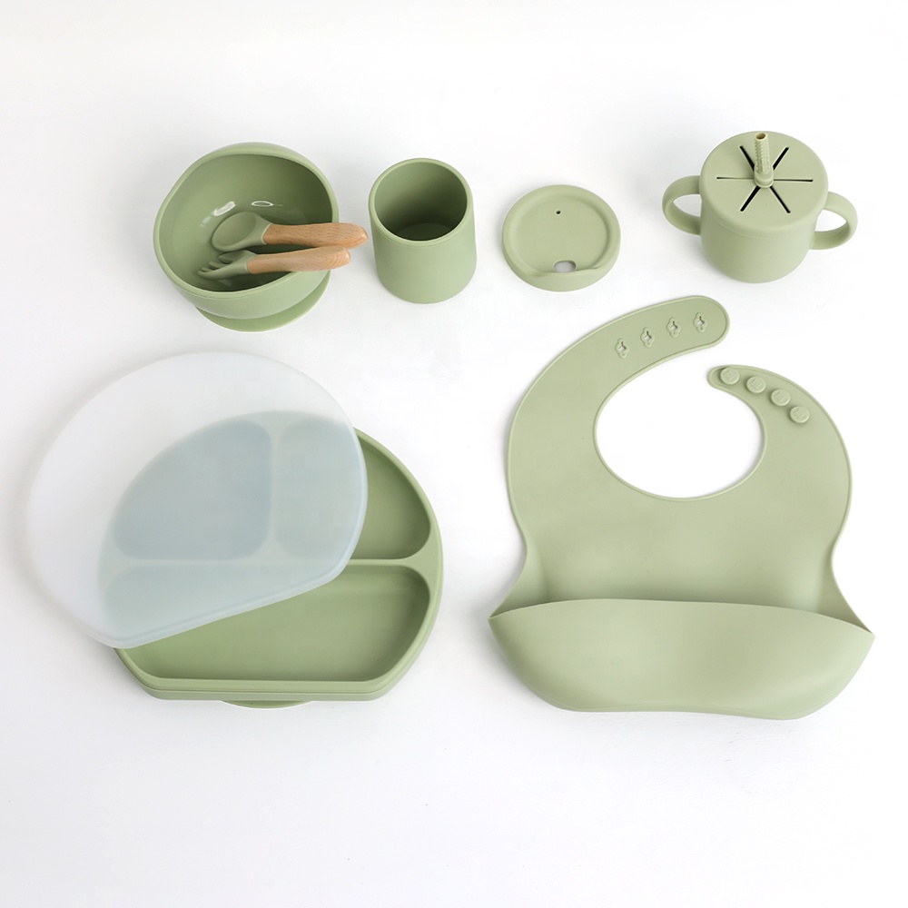 Kids Eating Utensils 6PCS Bowl Bib Cup Divided Plate Spoon Fork Silicone Baby Feeding Set with Suction Non-slip