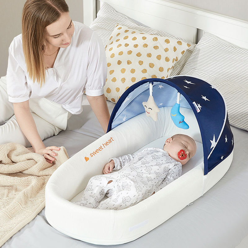 Hot selling folding detachable baby travel bed cover portable sleeping baby Cot Bed With Umbrella Mosquito Net