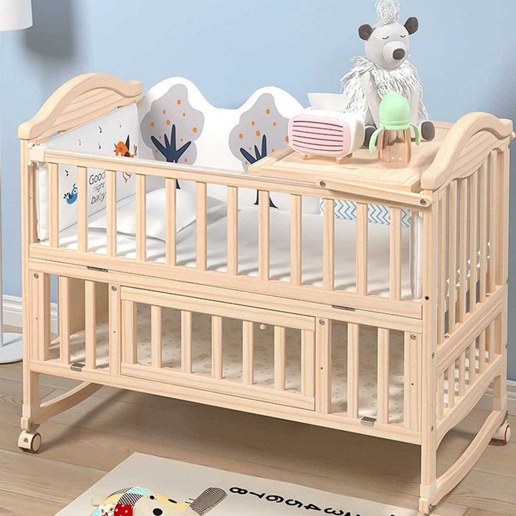 Adjustable Height Multifunction Convertible Toddler Sleeping Bed Swing Rocking Solid Wood Kids Cribs For Baby With Bumpers