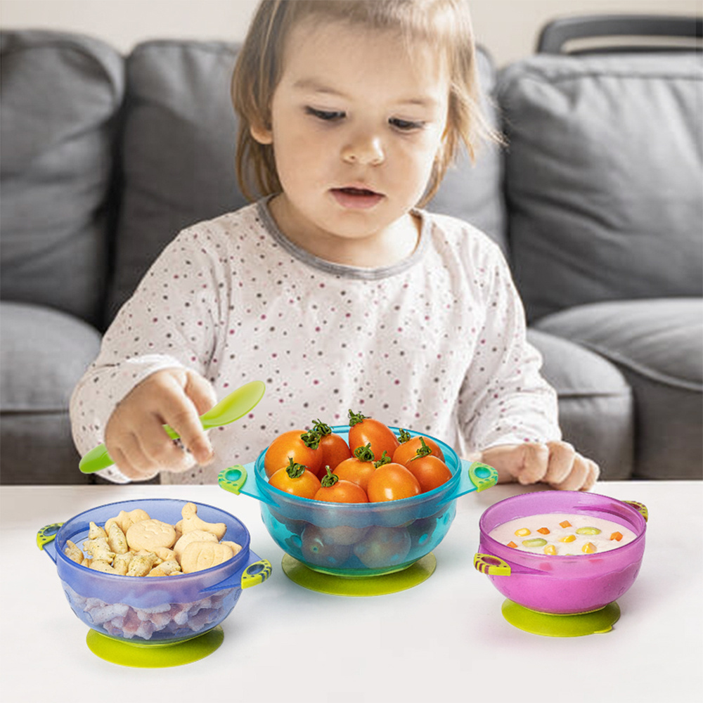 Promotional Gift 3 in 1 transparency Stay Put Suction Bowl,Stars dots squares pattern baby feeding bowl set with lid