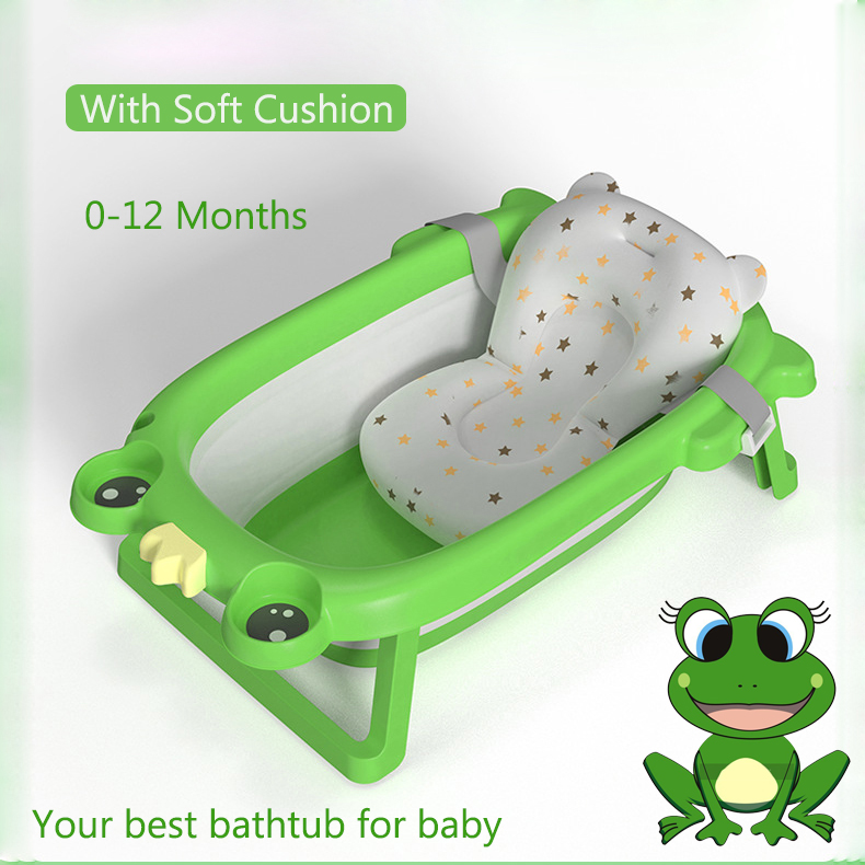 BPA Free 2023 New Model Frog Cartoon TPE Foldable Newborn Baby Toddler Bath Tub With Cushion and Thermometer