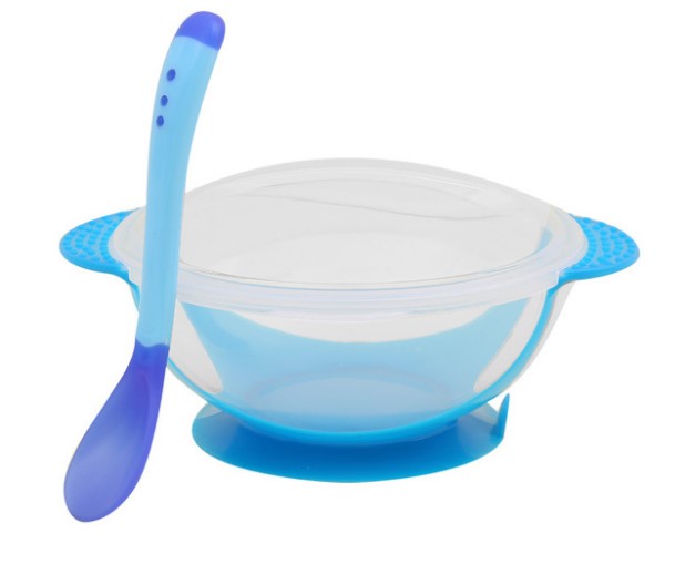 Kids Dining Pudding Spoon and Bowl Set Temperature Sensing Non-slip Soft Silicone with Suction Cup for Baby Feeding Color Box