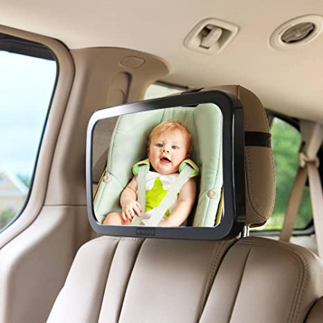 Safety Convex Mirror Adjustable 360 Rotating Wide Angle Shatter Proof Big Size Fits All Rear Facing View Baby Car Black Modern