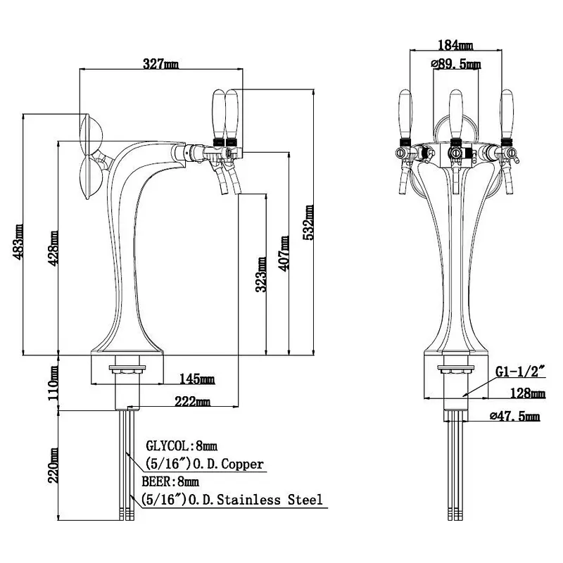 TALOS Cobra Tap Tower Chrome 3-way Dispensing Tower Draft Beer Tower