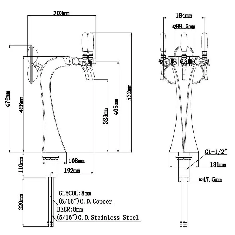 TALOS Brage Tap Tower PVD 3-way Dispensing Tower Draft Beer Tower