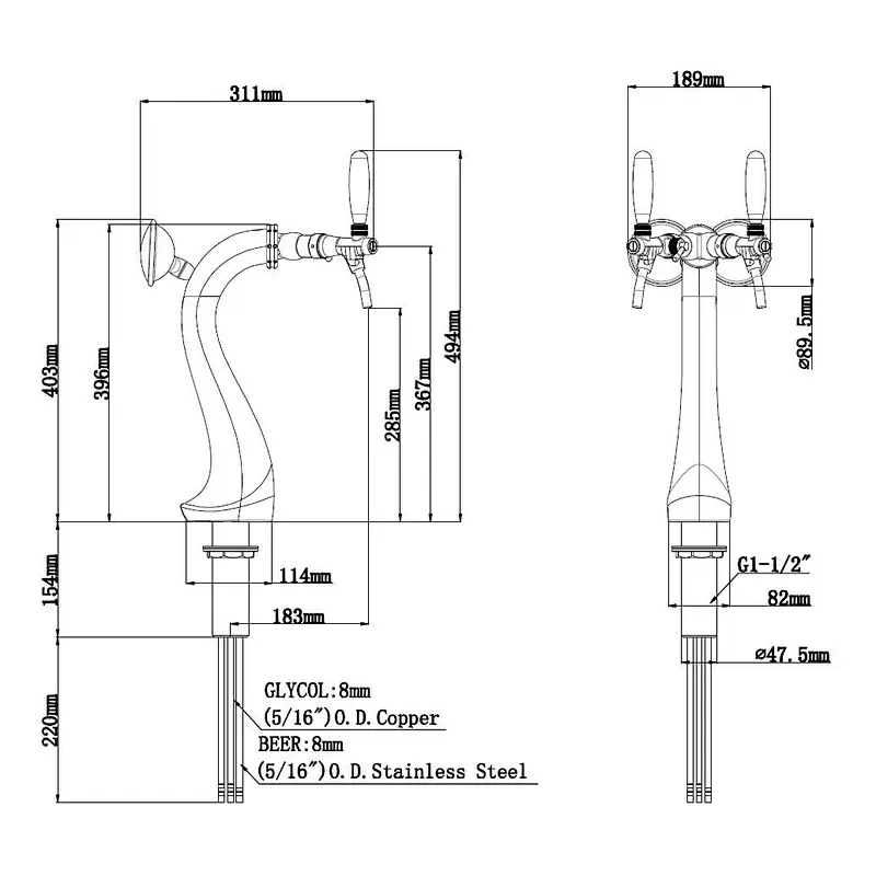 TALOS Swan Tap Tower PVD 2-way Dispensing Tower Draft Beer Tower