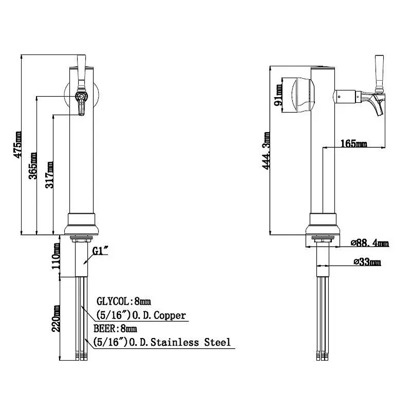 TALOS Straight Spine Tap Tower PVD 1-way Dispensing Tower Draft Beer Tower