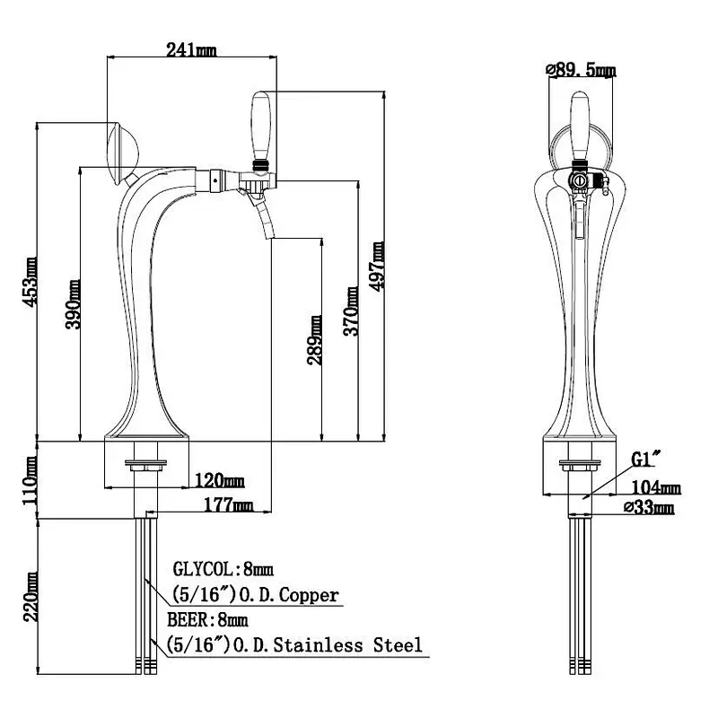 TALOS Cobra Tap Tower Chrome 1-way Dispensing Tower Draft Beer Tower