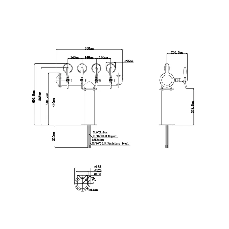 TALOS T Tower Stainless Steel 4 Tap Tower 102mm Beer Dispensing Equipment Draft Beer Tower (PVD, LED)