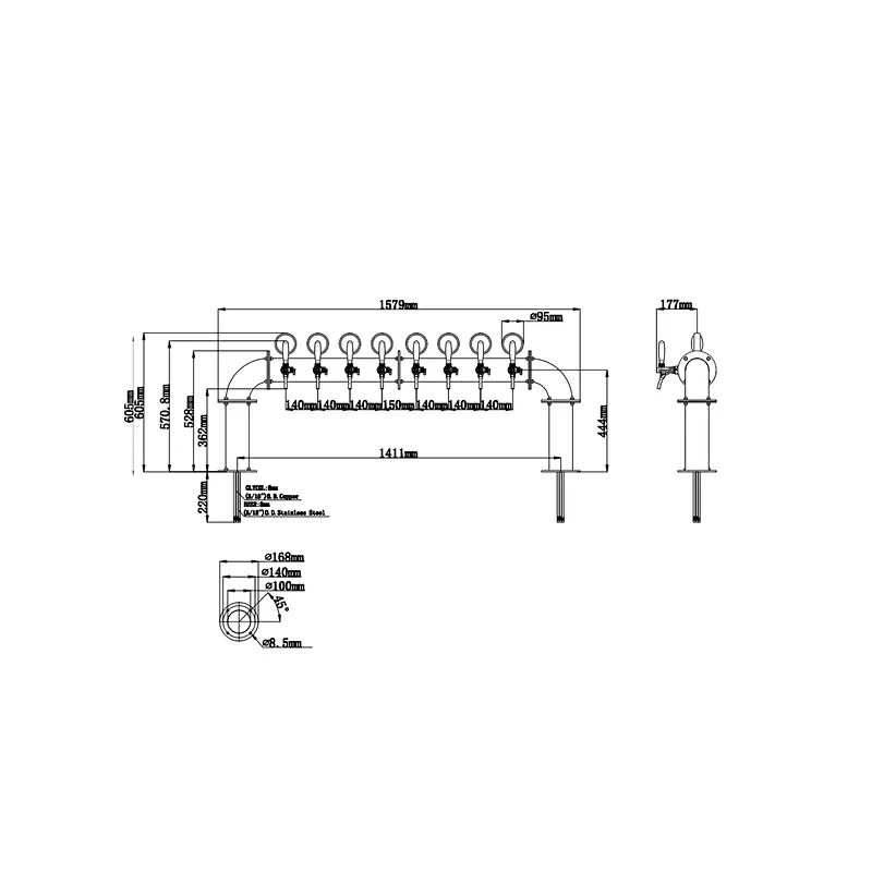 TALOS U Tower Stainless Steel 8 Tap Tower 102mm Beer Dispensing Equipment Draft Beer Tower (Polished)