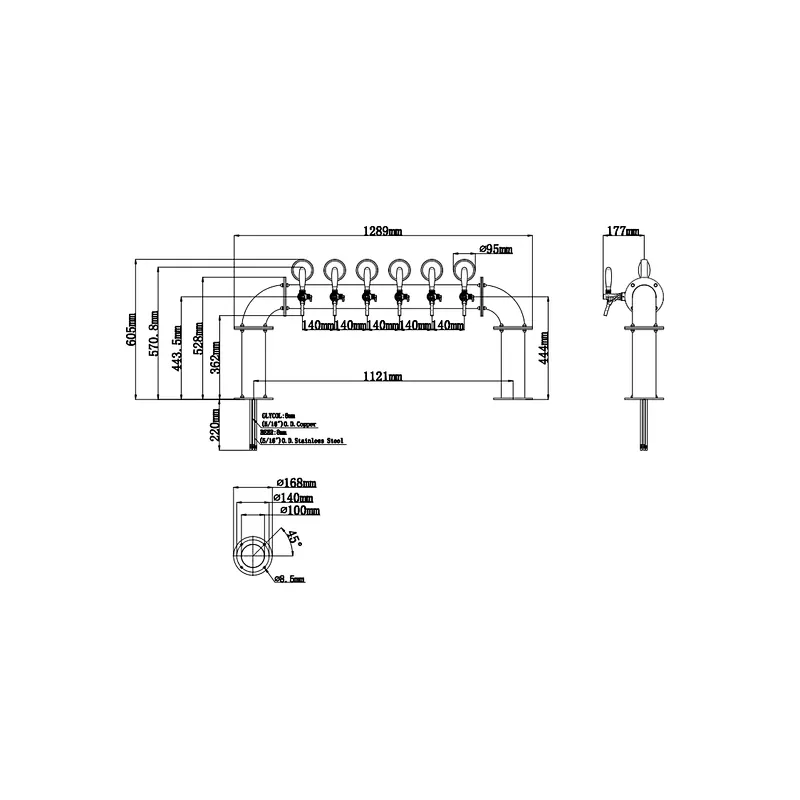 TALOS U Tower Stainless Steel 6 Tap Tower 102mm Beer Dispensing Equipment Draft Beer Tower (PVD)