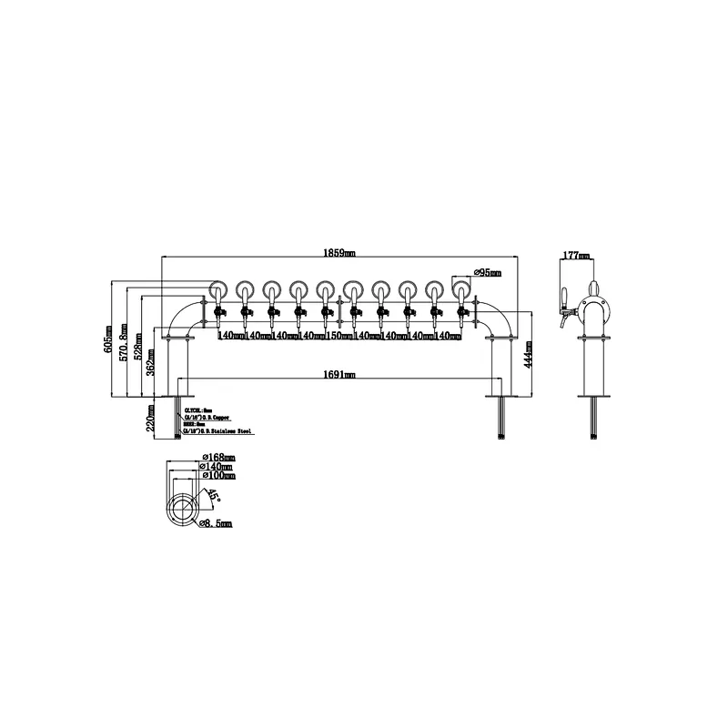 TALOS U Tower Stainless Steel 10 Tap Tower 102mm Beer Dispensing Equipment Draft Beer Tower (Red Bronze)