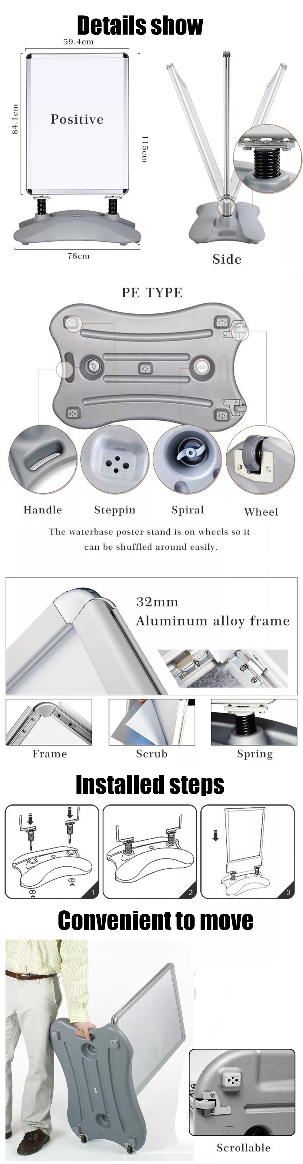 Details show of double sided advertising display stand