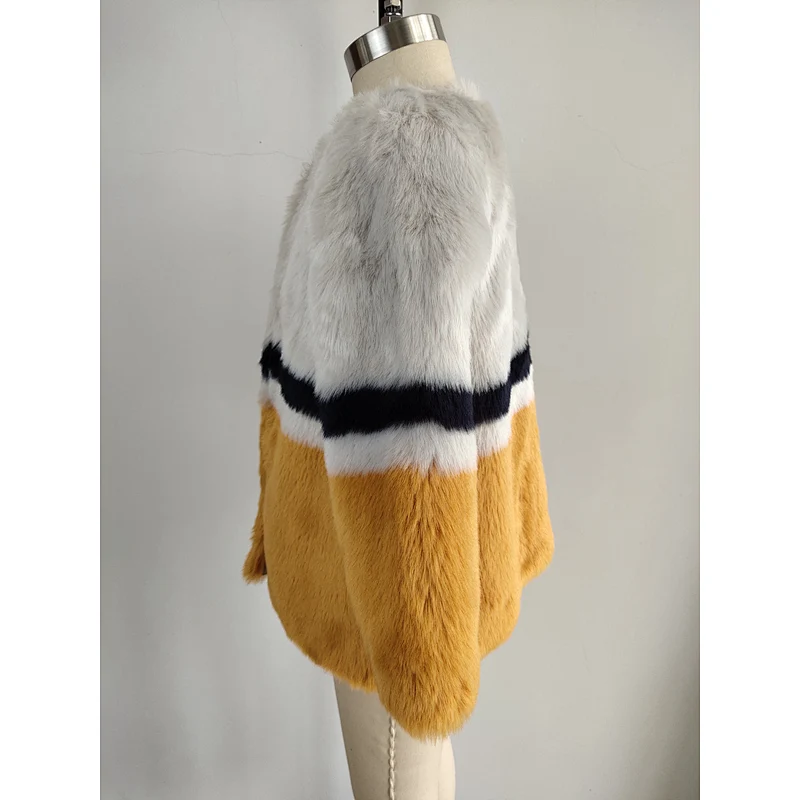 Ladies O Neck Collar Faux fur Coat