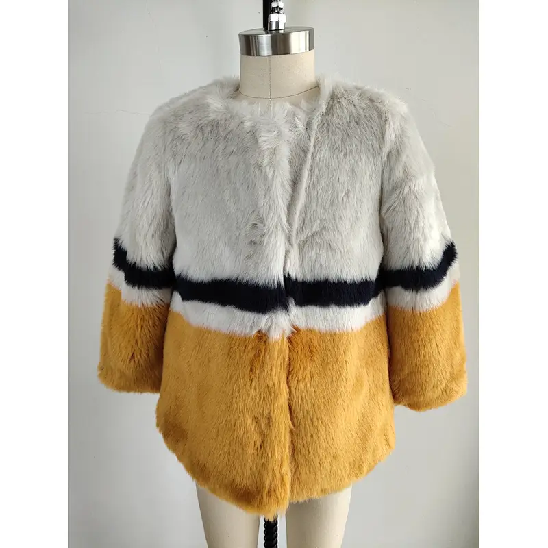 Ladies O Neck Collar Faux fur Coat