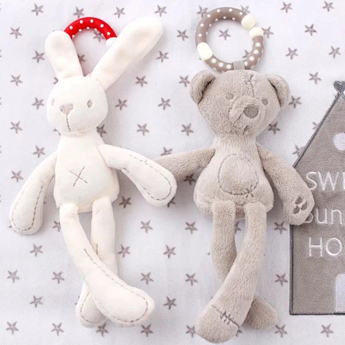 cute baby crib stroller bunny rabbit bear soft plush toys infant doll with hanging ring windchimes
