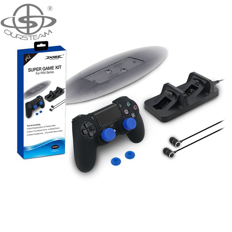 5 in 1 Gaming Accessories for PS4 Super Game Kit Charger Headset Vertical Stand Silicone Case
