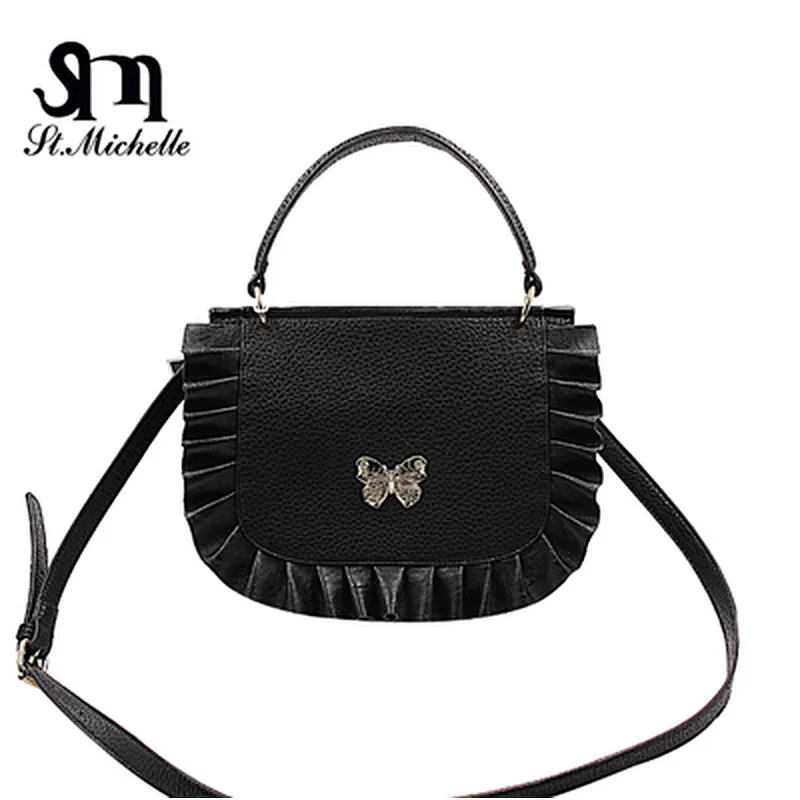 New style butterfly Lace Black lady pu Handbag