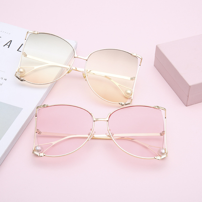 New fashion exaggerated large frame pearl sunglasses ladies fashion sunglasses dazzle color metal holloway glasses wholesale