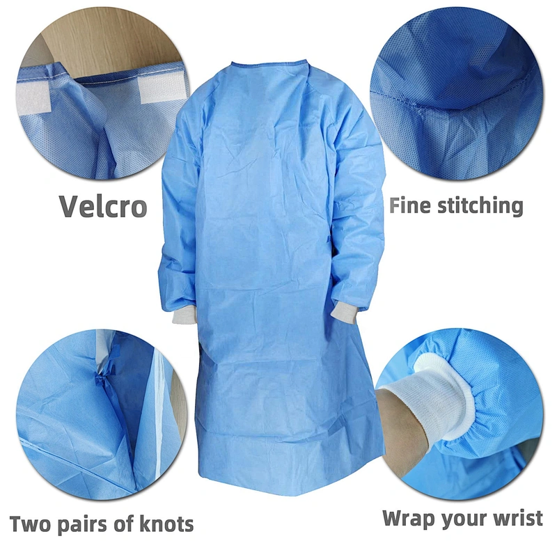 Disposable Medical Sterile Blue Surgical Gown With Knitted Cuff