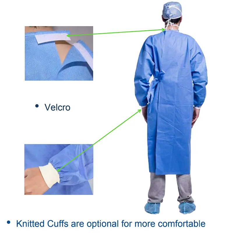 Disposable Medical Sterile Blue Surgical Gown With Knitted Cuff