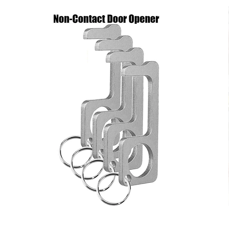 Brass Door Opener Tool with Keyring Handheld Door Closer No-Touch Door Opener Handle Key Alloy Press Elevator Tool