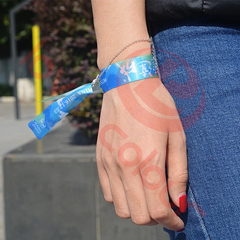 Polyester Disposable satin wristbands for wedding tickets with full color printing