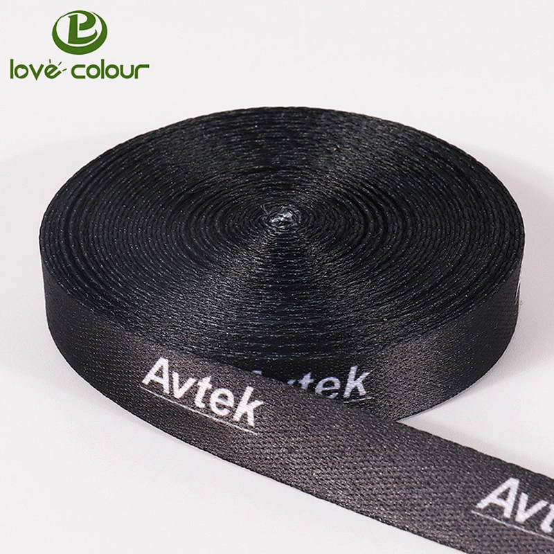 Polyester custom black ribbon heat transfer printed white logo