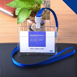 Wholesale acrylic horizontal ID card holder with a blue strap