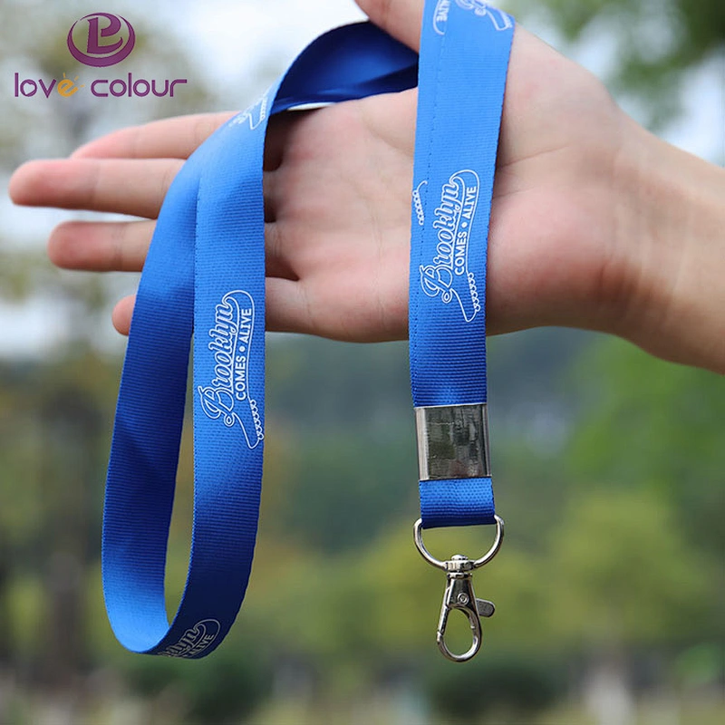 Custom polyester ID lanyard sling Blue color with company name on the sling