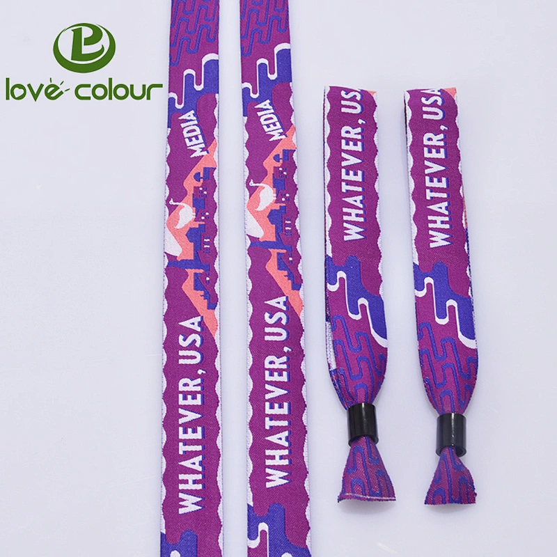Custom woven logo fabric polyester events wristband with one time plastic clasp