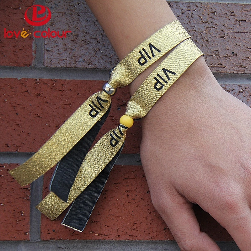 Custom new style gold color polyester woven logo wristbands fabric bracelet tickets