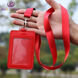 Custom polyester red color polyester lanyard strap with plastic clip and PU id card