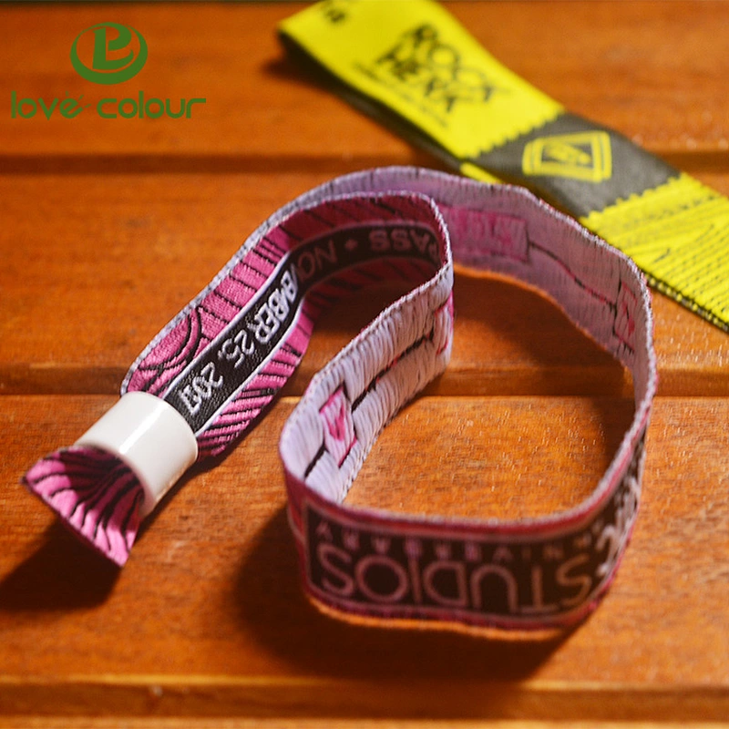 Plastic lock polyester textile woven festival event custom cloth wristband
