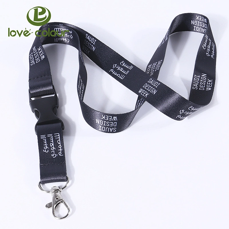 Custom Polyester Black Lanyard Strap with white Printing Logo