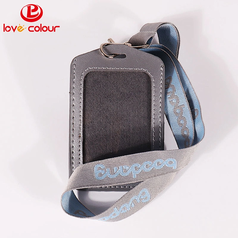 Eco-friendly PU leather badge office ID card case holder with neck strap