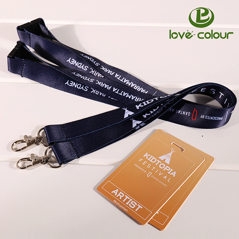Custom polyester woven Lanyard in black color printed with white color logo for card holder