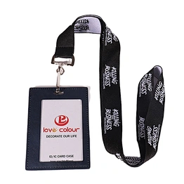 Custom polyester woven Lanyard in black color printed with white color logo for card holder