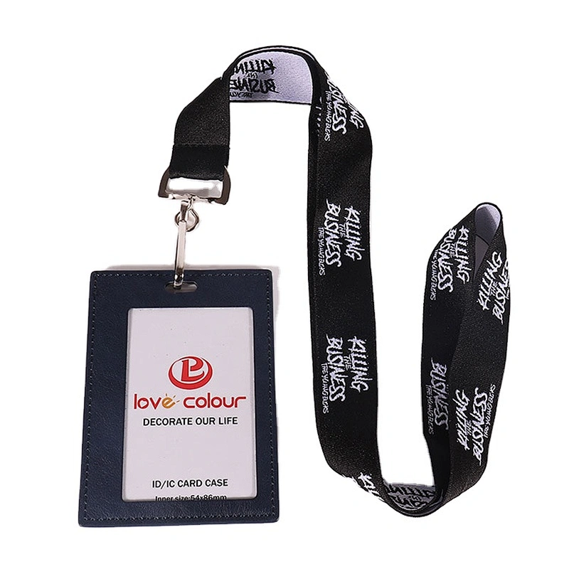Custom polyester woven Lanyard in black color printed with white color logo for card holder