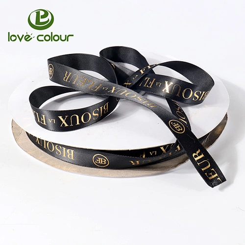 Wholesale wide black satin ribbon band/decorative packing straps webbing with gold letter printing