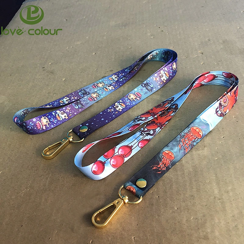 Beautiful printing polyester lanyard strap with gold metal oval hook