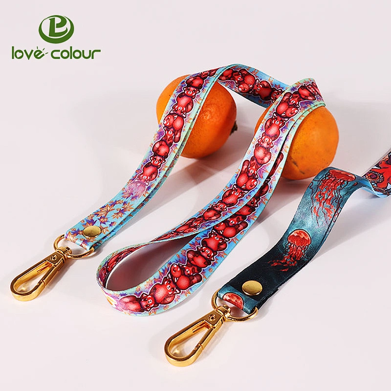 Beautiful printing polyester lanyard strap with gold metal oval hook