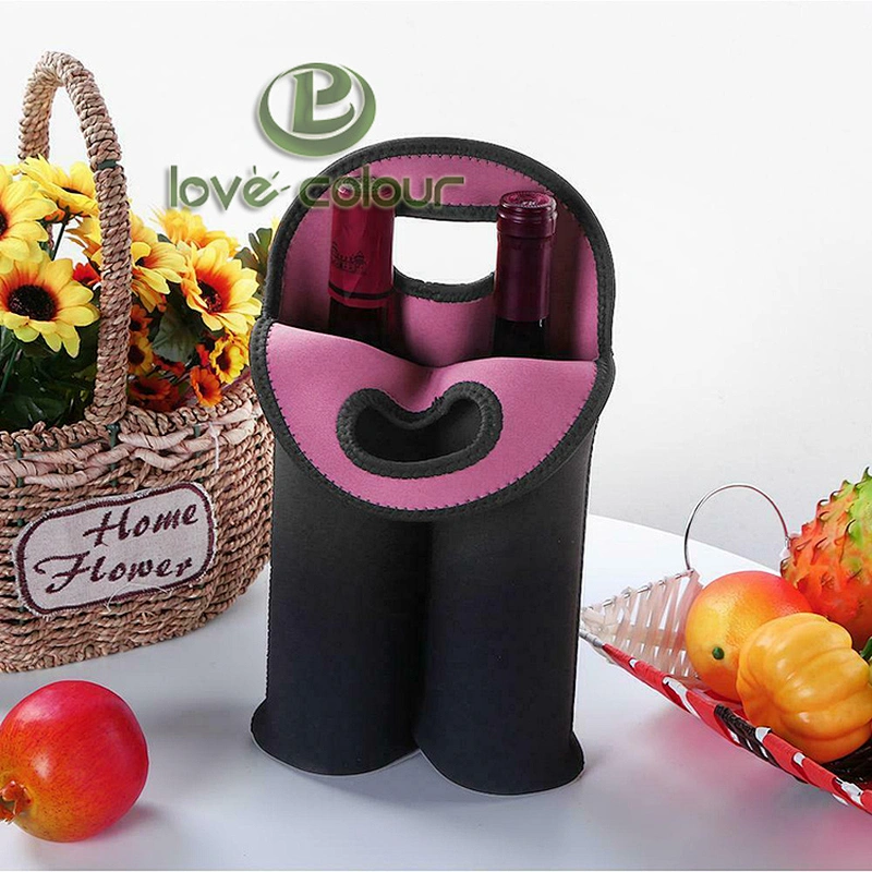 Custom Neoprene Bottle Cooler Double Wine Bottle Tote Carrier Beverage Sleeve Holder Bag