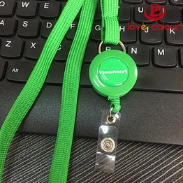 Polyester green color printing your logo lanyard with snap clip retractable ID reel