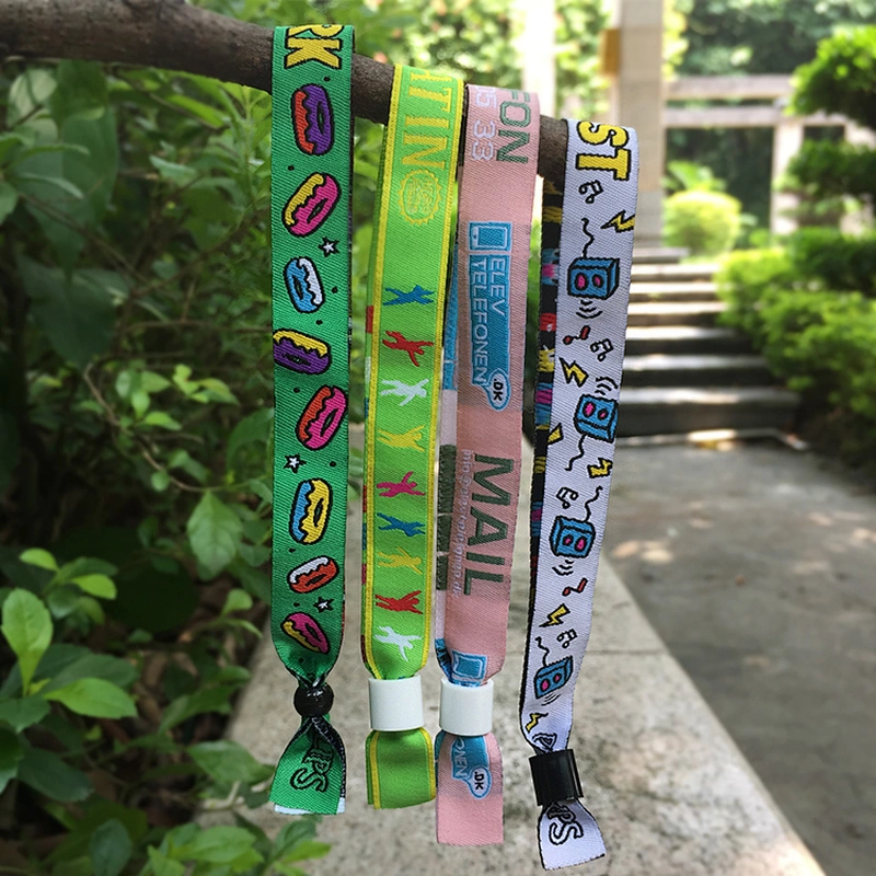 Custom brand one time use barrel lock woven fabric wristband polyester bracelet